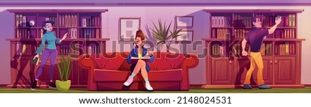 People read and choose book on shelves in library or store. Vector cartoon illustration of luxury interior of home or public library with bookcases, red leather sofa and reading characters