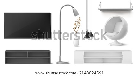 Set of home furniture, appliances, decor and electric devices. Isolated mockup television stand, tv set, floor and ceiling lamps, ball chair, plant in vase and shelf, Realistic 3d vector illustration