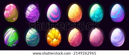 Cartoon dragon eggs with different eggshell textures isolated set, Fairy tale ui game assets, strange dinosaurs, reptiles, birds, monsters or Easter colorful ovum design elements, Vector illustration