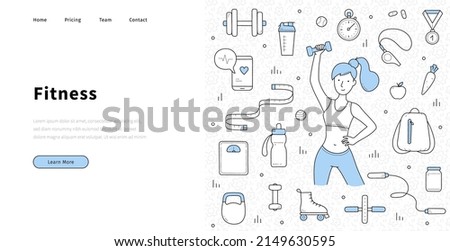 Fitness landing page in doodle style, woman exercising with dumbbells, healthy lifestyle, sport, weight loss and workout recreation in gym. Fit girl, gadgets for sports life, Linear vector web banner