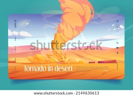 Tornado in desert banner. Sand whirlwind with air funnel. Vector landing page of dangerous weather phenomenon with cartoon desert landscape with yellow dunes and wind storm with dusty twister