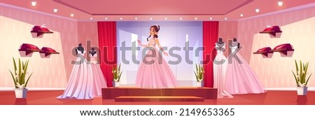 Beautiful bride fit on wedding dress in bridal shop. Young girl wear pink gown stand on podium at store with mannequins, jewelry, windows and lighting, boutique showroom Cartoon vector illustration Photo stock © 