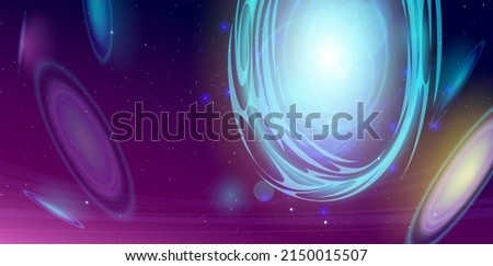 Space portals in Universe, galaxy wormhole or blackhole funnels for travel through time with million stars and nebulae around. Science fiction vortex hyperspace tunnels, Cartoon vector illustration