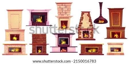 Fireplaces with burning fire isolated on white background. Vector cartoon set of different home hearth from marble, brick and iron with wood, flame, chimney and mantel
