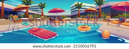 Outdoor swimming pool in hotel, empty poolside with chaise lounges, umbrella, inflatable ring or ball in water and palm trees along building facade. Exotic resort landscape Cartoon vector illustration