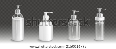 Transparent pump bottles for liquid soap, lotion or shampoo 3d vector mockup. Isolated glass or plastic containers, blank packages with dispenser for bath or toilet cosmetics, Realistic mock up set