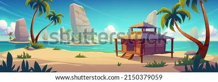 Beach hut or bungalow on tropical beach. Island resort with shack, wooden house on piles, palm trees and rocks. Cartoon ocean landscape, 2d background, cottage with thatch roof Vector illustration 商業照片 © 