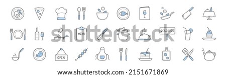 Set of food cooking and chef restaurant doodle icons. Apron, kebab, reserved or open banners, cake, teapot, fork with knife, cutting board, dish, fish on plate, pizza menu elements Linear vector signs