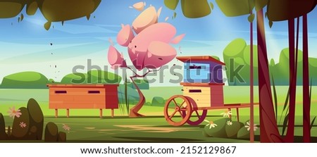 Apiary, honey bee farm with wooden hives on summer meadow. Vector cartoon illustration of spring landscape of village garden or forest with flowers, green trees, grass and beehives with swarm Foto stock © 