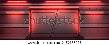 Metal door in bunker or secret laboratory with red glowing illumination. Sliding gates with scratched surface in spaceship or alien shuttle, ski-fi entrance, Realistic 3d vector background for game