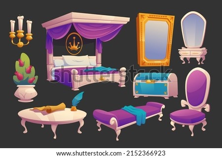 Luxury furniture for royal bedroom. Vector cartoon set of vintage princess room interior with canopy bed, dressing table, mirror in gold frame, couch, chest, candles and flowers