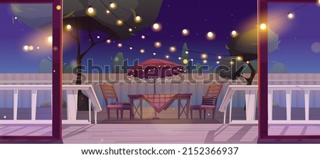 Cottage wooden terrace at back yard with BBQ area at night. Backyard with table and umbrella decorated with light garland, picnic barbecue zone on patio at summer time, Cartoon vector illustration