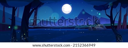 Cartoon nature night time landscape with rocks, trees, pond and field under full moon shining in starry sky. Mysterious scenery background with glowworms on dark meadow at twilight Vector illustration