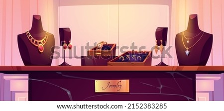 Jewelry shop display with gold necklaces on mannequins, rings with diamonds, wristwatch in box and earrings. Vector cartoon illustration of store showcase with golden jewellery on marble stand