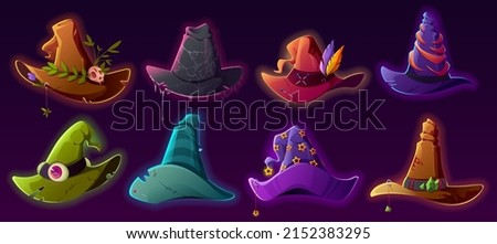 Magic witch hats, wizard caps for Halloween costume. Vector cartoon set of fantasy old magician or sorceress hats with skull, eye, belt, feathers and gold stars Foto stock © 