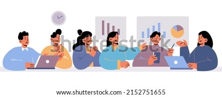 Business people team brainstorm, meeting, discussion in office. Colleagues disputing sitting at desk, discussing project development plan, search solutution, communicate, Line art vector illustration