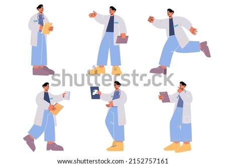 Doctor character in uniform with stethoscope, x-ray image and clipboard. Vector flat illustration of man physician work in hospital or medical clinic, run, think, fill prescription