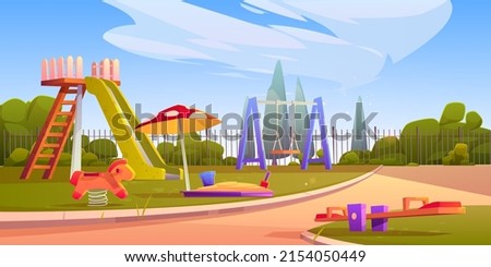 Kids playground at sunny weather, empty children area with slides, sandbox and swings for playing and recreation fun. Park, garden or house backyard, kindergarten field, Cartoon vector illustration Photo stock © 