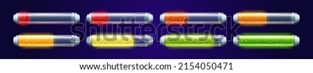 Indicator of battery charge levels. Vector realistic illustration of red, orange and green fill in glass container. Progress of mobile phone energy recharge from low to high