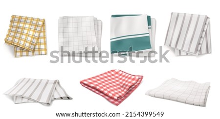Folded napkins, kitchen towels or tablecloths in top and angle view. Vector realistic set of 3d fabric table clothes with gingham, plaid, striped and tartan pattern Foto stock © 