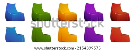 Bean bag chairs, soft furniture for sitting in front and back view. Vector cartoon set of red, yellow, blue, purple and green lazy bags, cozy comfortable armchairs