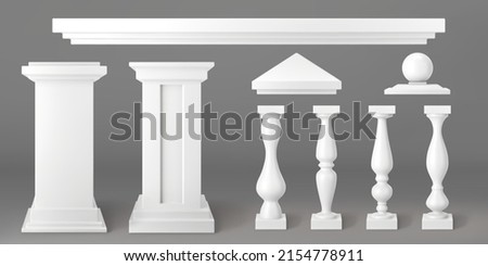 Architecture elements of balustrade for balcony, terrace, parapet. Vector realistic set of 3d white stone or marble pillars, columns, baluster, handrail and base of classic ancient fence 商業照片 © 