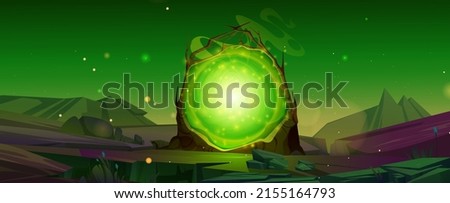 Night scene with magic portal, fantastic energy door to alien world. Vector game background with cartoon fantasy illustration of mountain landscape with mystic green glowing in wooden frame