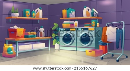 Laundry room with automatic washing and dryer machine, stacks of clean fold towels, clothes on rack, detergents, baskets and iron on shelves. Vector cartoon illustration of home or public laundromat