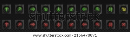 Traffic lights with direction arrows for road signal system. Vector realistic mockup of driving control system on street or highway with red, yellow and green led lamps