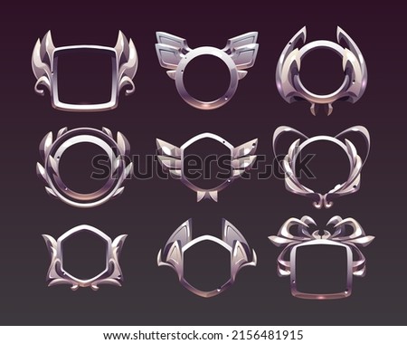 Empty silver frames for game award labels for win or achievement.Vector cartoon set of metal fantasy borders for buttons different shapes isolated on background