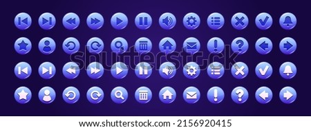 Blue circle buttons with symbols for website or game user interface. Vector cartoon set of app ui elements, web icons of search, play, mail, home, arrows, sound, check and cross mark