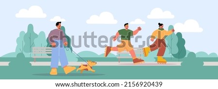 People run, ride on roller skates and walk with dog on leash in park. Vector flat illustration of summer landscape with man with puppy, girl on rollerskates and jogger