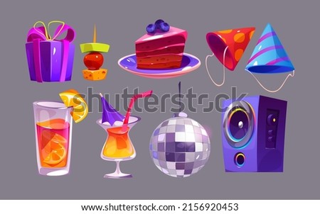 Happy birthday party set with disco ball, hats, cocktails and cake. Vector cartoon icons of event or holiday celebration equipment, gift box, drinks, music speaker isolated on background