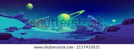 Mars surface, alien planet landscape. Night space game background with ground, mountains, stars, Saturn and Earth in sky. Vector cartoon fantastic illustration of cosmos and dark martian surface