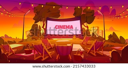 Open air movie theater in city park or backyard at sunset. Vector cartoon summer landscape with empty outdoor cinema with big blank screen on green lawn and chaises in evening