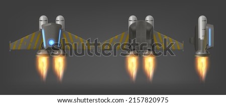 Jetpack with fire and yellow stripes on wings, top, side and bottom view, isolated 3d vector device for flying. Jet pack futuristic mechanical turbo engine with wings for pilot, realistic illustration