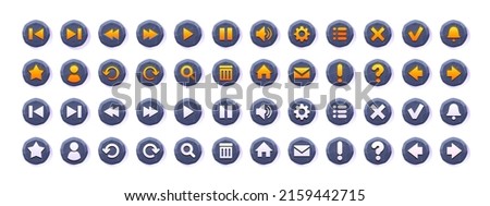 Web or game buttons with stone texture and menu icons. Vector cartoon set of circle rock buttons with signs of search, play, mail, home, arrows, sound, check and cross mark