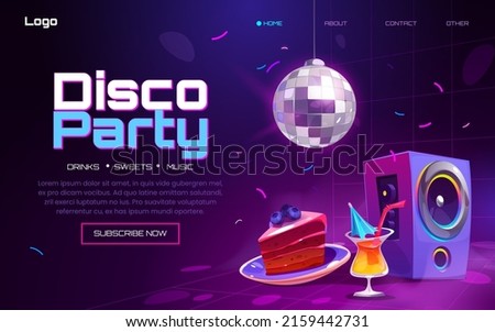 Disco party banner with light ball, cake, cocktail and speaker in night club. Vector landing page of music event, dance party with cartoon illustration of disco ball, dessert and drink