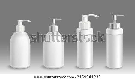 Bottle for liquid soap or lotion 3d vector mockup. Isolated antibacterial or antiseptic gel airless pump containers, white blank plastic packages with dispenser for bath or toilet, Realistic mock up