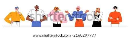 Diverse confused people doubt, think. Vector flat illustration of thoughtful, unsure women and men with hand chin, head. Multiracial group of pensive, anxiety characters