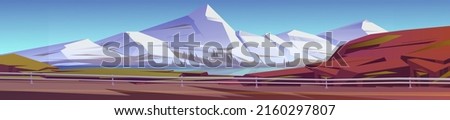Mountain landscape with car road on lake shore. Vector cartoon illustration of nature panorama, nordic scenery with white rocks, coniferous trees, river and highway with metal barrier