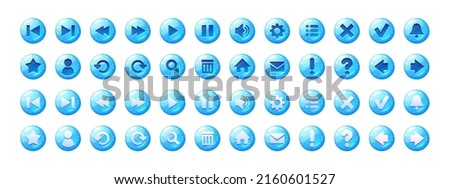 Circle buttons with blue jelly texture and icons for game menu or website. Vector cartoon set of ui elements from water with bubbles, glossy web icons isolated on white background