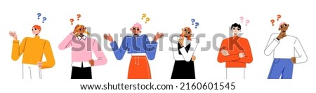 Diverse wondering people with question marks. Vector flat illustration of thoughtful women and men, doubt, unsure characters in pose with hand on chin, head, shrug