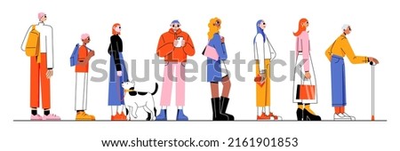 Different people waiting in long queue. Vector flat illustration of multiracial group, adult characters, elder man, boy, student and woman with dog stand in line