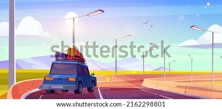 Car with luggage on roof drive on old broken road. Vector cartoon illustration of summer landscape with mountains, green fields and auto on bad highway with concrete barrier and street lights