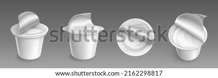Plastic cup with open cap and yogurt inside. Package for yoghurt and dairy products isolated vector mockup. White round jars with foil lid, blank tubs front, side and top view Realistic 3d mock up set Photo stock © 