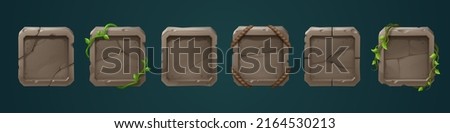 Stone frames for game user avatar. Vector cartoon set of empty square rock boards with jungle vines and ropes, old cracked stone panels isolated on background
