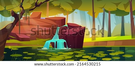Waterfall at forest swamp or lake with water lilies. Nature landscape with water jet falling through rocks into marsh in deep wood. Game background, fantasy scenery view, Cartoon vector illustration