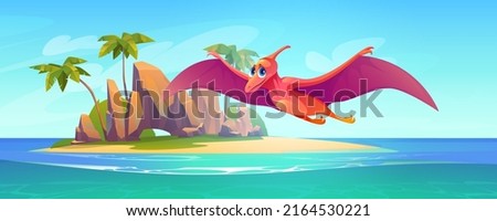 Baby pterodactyl fly above sea. Cute flying dinosaur character. Vector cartoon illustration of tropical island landscape with sand beach, palm trees, ocean and funny dino Photo stock © 