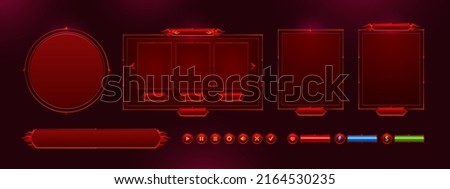Game menu interface ui elements, buttons, progress bars, settings, login and password board. Gui user panel with sliders, keys, red glowing design with devil horns and hell fire flames Vector graphics